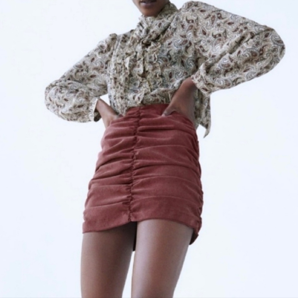 NWT ZARA Draped Corduroy Ruching Mini Skirt